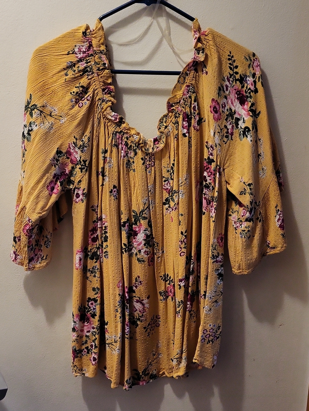 Off Shoulder Floral Smocked Peasant Top - Mustard Yellow